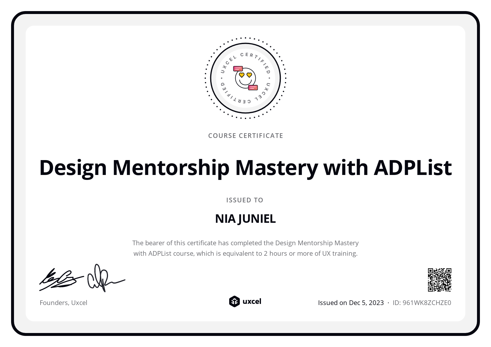 NIA JUNIEL's certificate